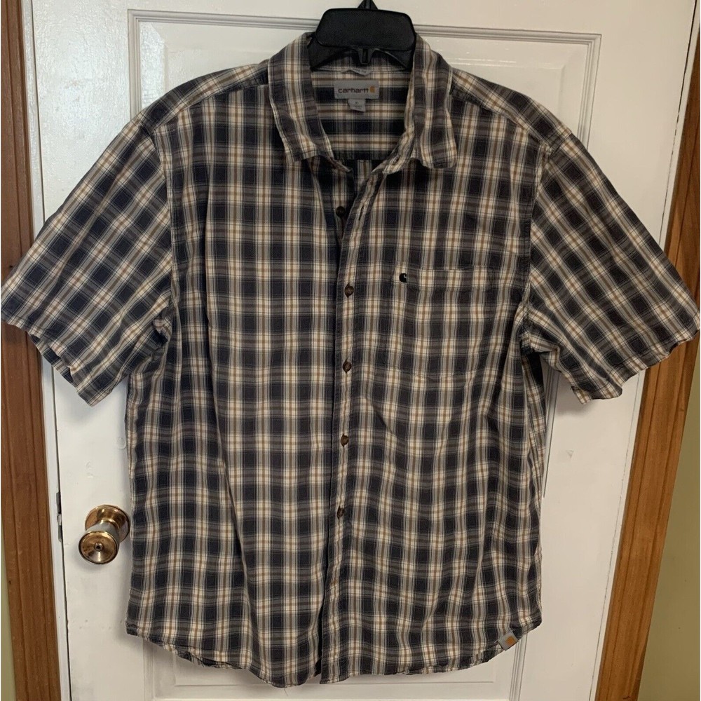 CARHARTT  XL Men`s Short Sleeve Button Up Shirt Relaxed Fit Plaid Pockets EUC